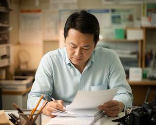 釧路の編集室で取材メモを確認する編集長