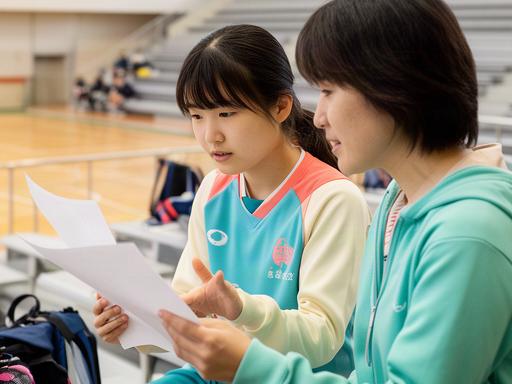 中学生の女子選手と保護者が体育館の観覧席で進路資料を見る様子